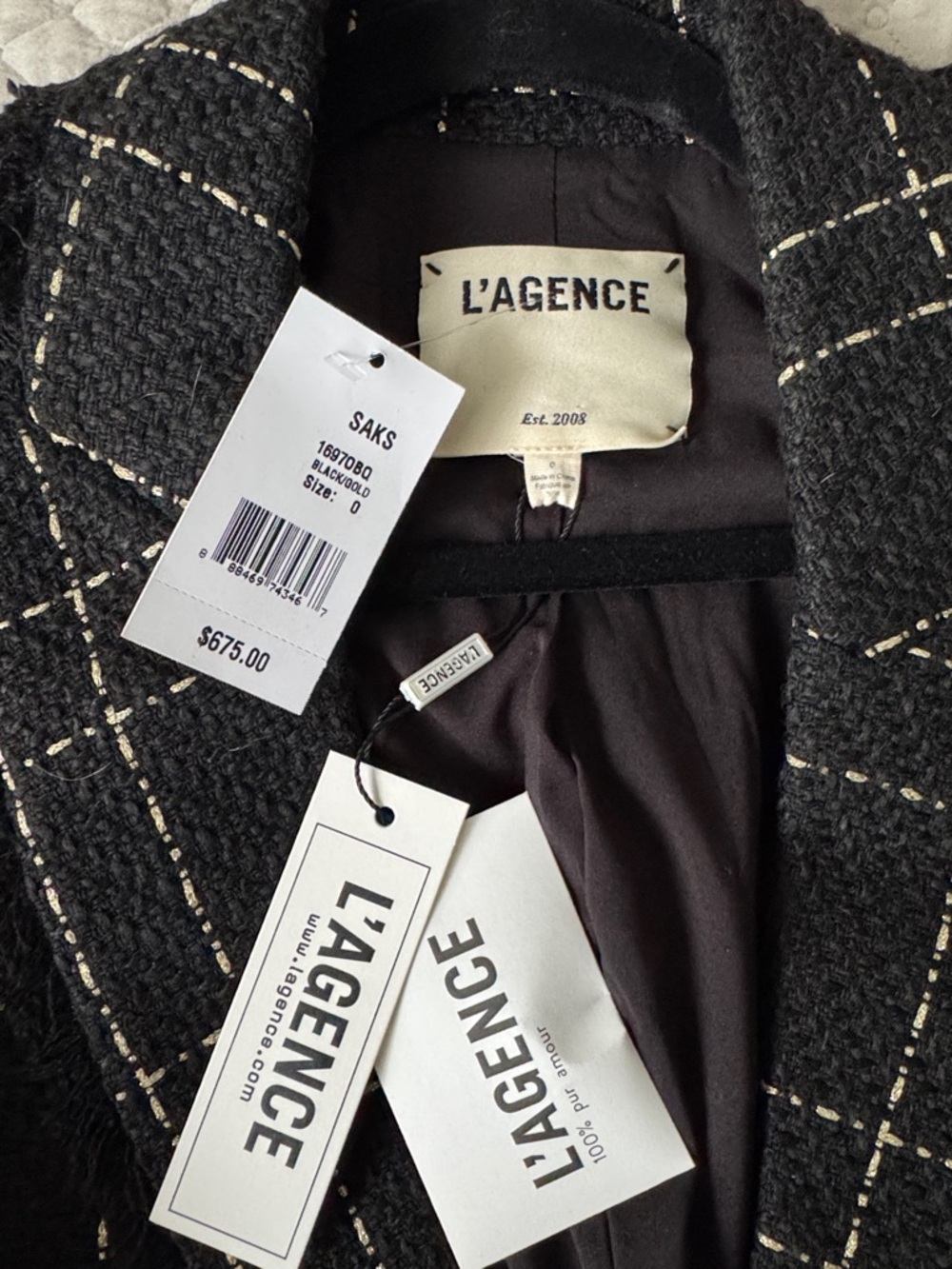 L'AGENCE Black Windowpane Double-Breasted Tweed Blazer with Gold Buttons - Picture 4 of 5